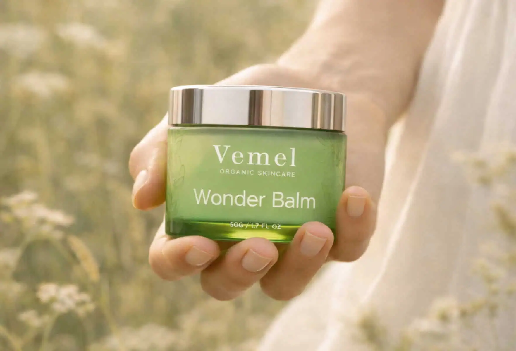 model holding organic waterless Wonder Balm soothing botanical balm in meadow