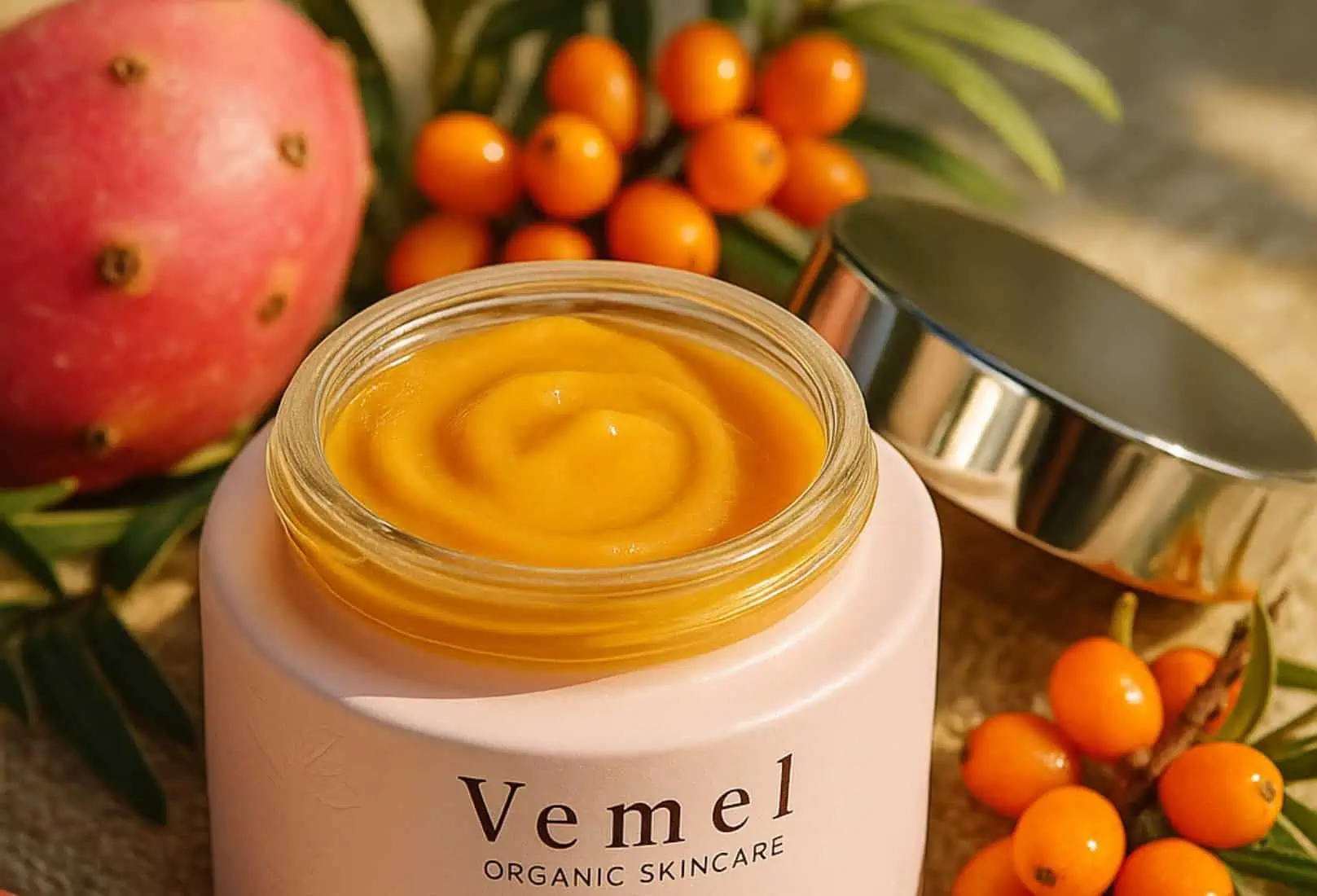 Open jar skincare texture with fresh botanicals showing organic ingredients