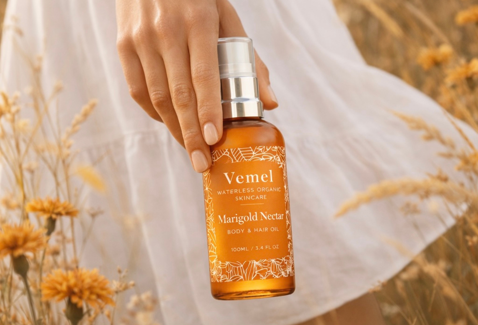 Organic waterless body oil myths debunked with Vemel Marigold Nectar nourishing skin with botanical oils