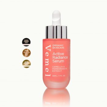Vemel waterless organic Active Radiance Serum brightening serum with songyi mushroom extract and bakuchiol award winning waterless beauty product