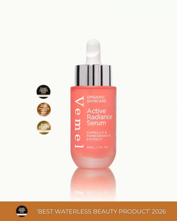 Vemel waterless organic Active Radiance Serum brightening serum with songyi mushroom extract and bakuchiol award winning waterless beauty product