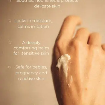 Rich, cushiony texture of a waterless soothing balm for sensitive skin