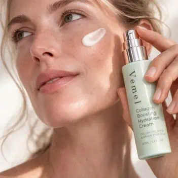 Woman applying organic waterless collagen cream to support skin firmness