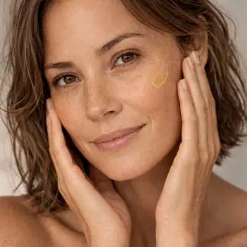 model applying organic waterless Reviving Serum Cleanser to skin