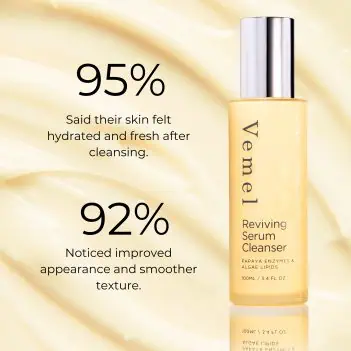 Reviving serum cleanser texture with 99 percent natural origin ingredients