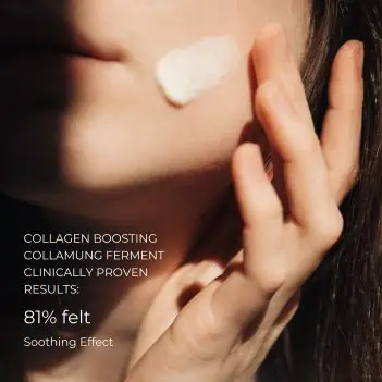 Collagen Boosting Hydration Cream being gently applied to the face to soothe and comfort the skin.