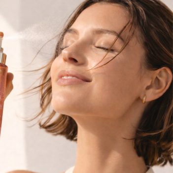 Vemel waterless organic Biome Active Essence spraying face mist during hydrating skincare routine
