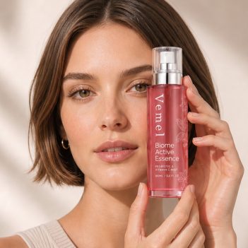 Vemel waterless organic Biome Active Essence model holding probiotic face mist for hydrated glowing skin