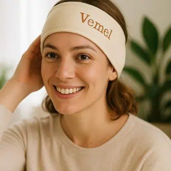 Woman wearing organic cotton headband during skincare routine
