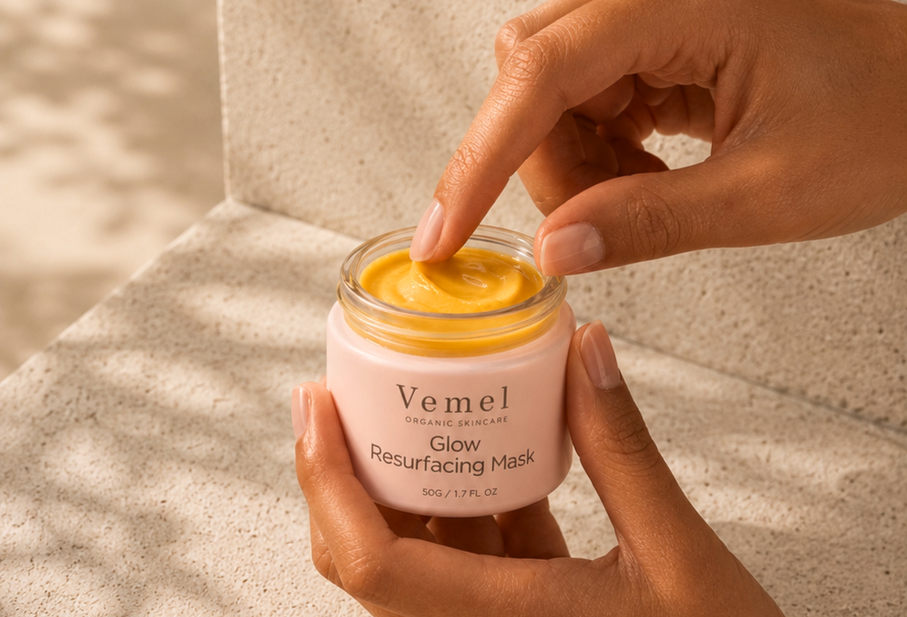 Vemel organic waterless Glow Resurfacing Mask supporting gentle resurfacing and brighter summer skin